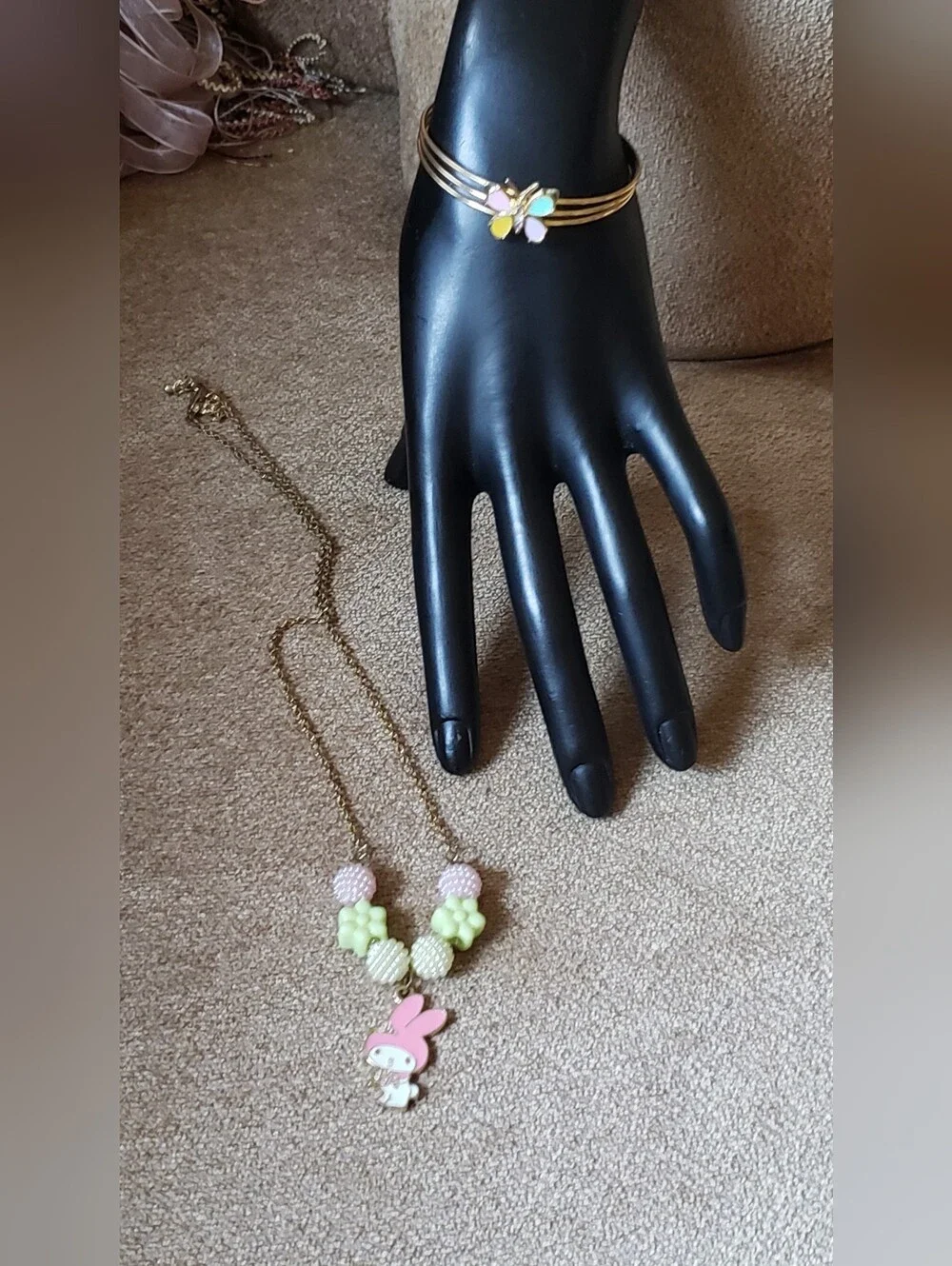 My Melody Best Friend Charm Necklace With Pastel Butterfly Cuff Bracelet Set